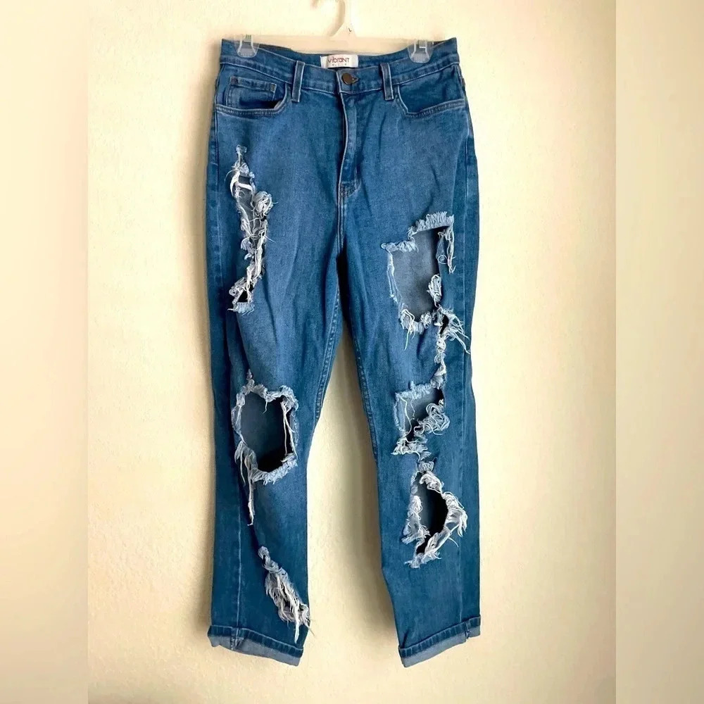 Vibrant high waist distressed mom jeans size 13